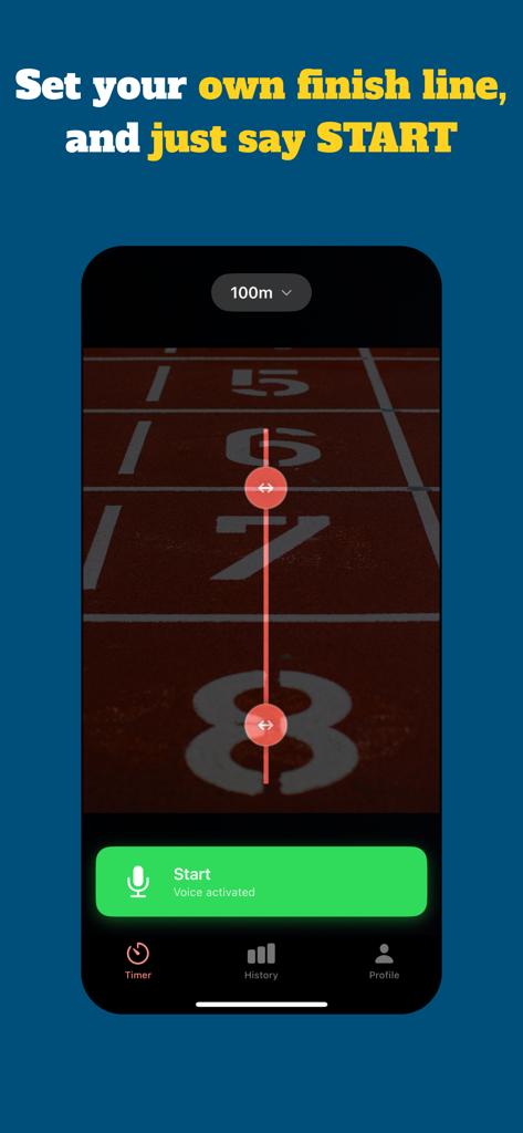 A screenshot of the SoloSprint app showing the virtual finish line setup on a track lane with a voice activated start button.