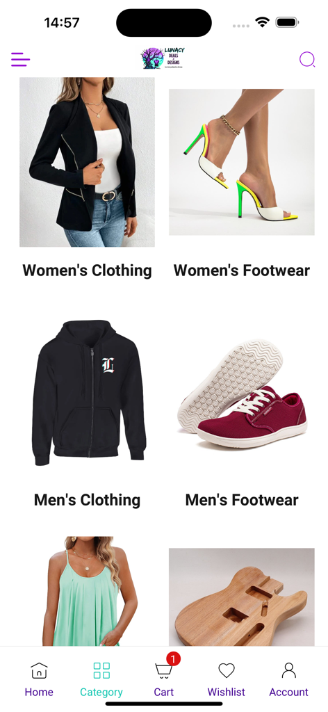 Lunacy Deals & Designs - Pantalla de la aplicación Lunacy Deals & Designs que muestra categorías de ropa y calzado urbano para hombres y mujeres.