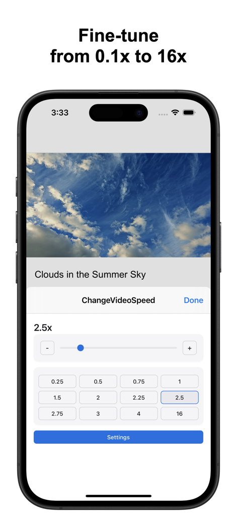 iPhone screenshot showing the Safari video speed extension interface with a slider and preset speed buttons ranging from 0.1x to 16x.