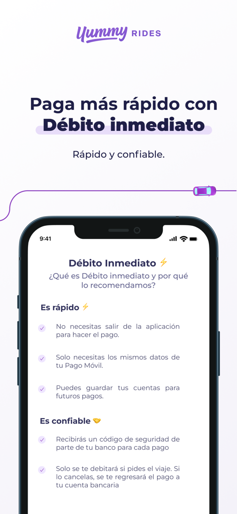 Yummy Rides - Viaja y Conduce - Yummy Rides mobile app screen promoting immediate debit payment features for fast and secure transactions