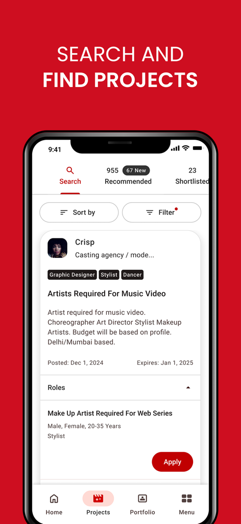 Talentrack - A mobile screen of the Talentrack app showing job listings for music videos and web series with search and filter options.