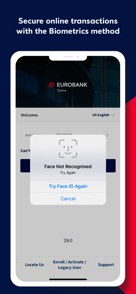 Eurobank Cy - Eurobank Cy mobile app screen showing a Face ID biometric login prompt for secure transactions