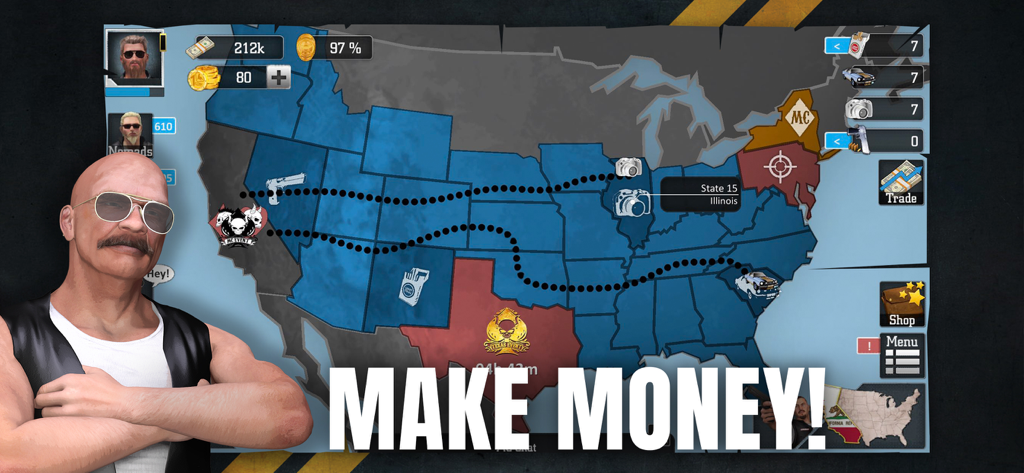 Bloody Roads, California - USA map interface of Bloody Roads California biker strategy game with a Make Money text overlay