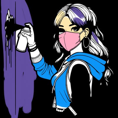 realistic girl with mask spray painting a wall