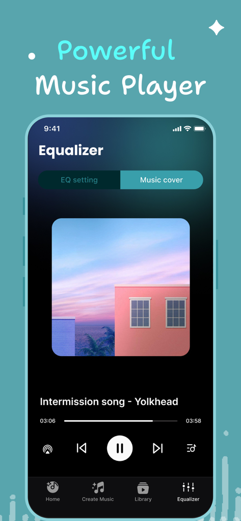 Interface do reprodutor de música do aplicativo Connect Headphones and Speaker mostrando uma música tocando