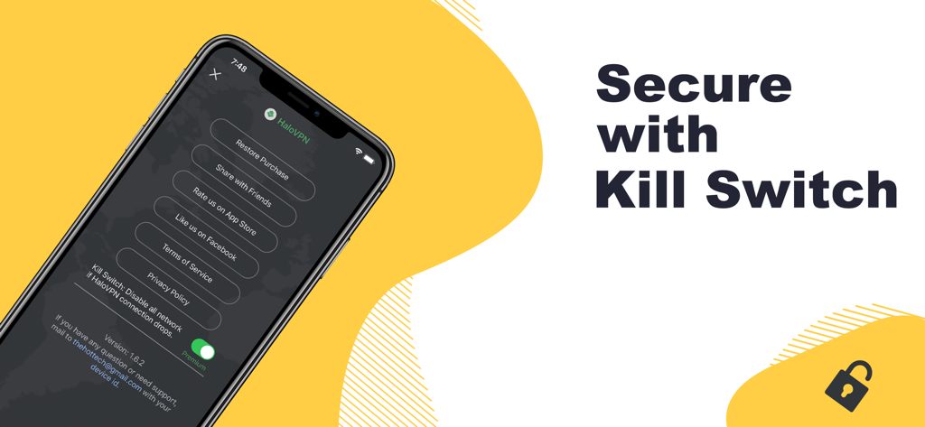 Tela do smartphone mostrando as configurações do HaloVPN com o recurso de segurança kill switch ativado