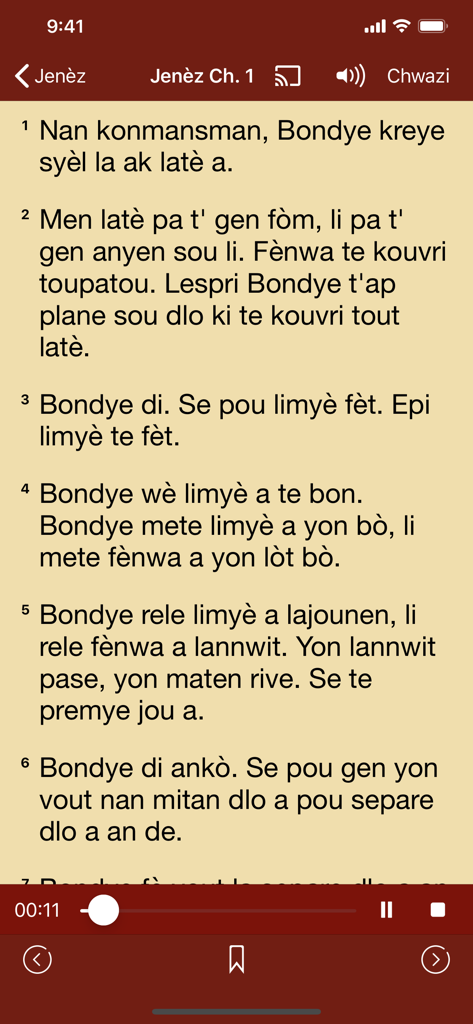 Interface of the Haitian Creole Bible app displaying Genesis Chapter 1 in Kreyòl Ayisyen with audio controls