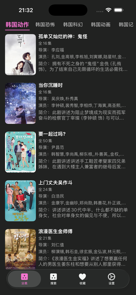 热门韩剧大全 - 韩剧迷的专属追剧天堂 - Interface of the Popular Korean Dramas app showing a list of Hallyu series with posters and Chinese descriptions