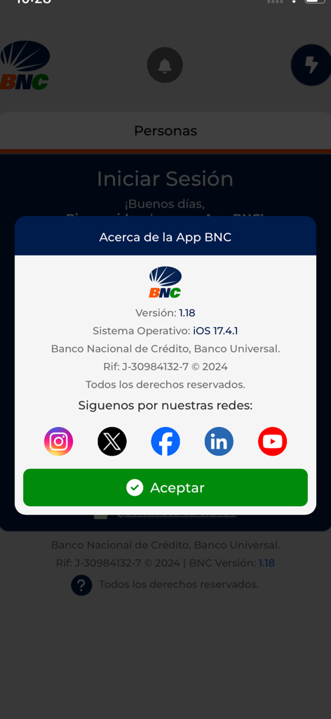 BNC - Pantalla Acerca de de la aplicación de banca móvil BNC que muestra información de versión y enlaces a redes sociales.