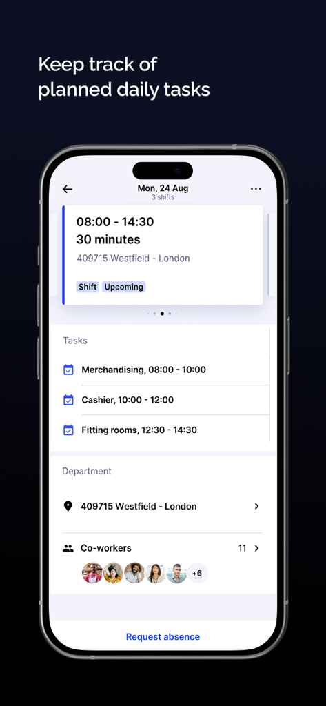 SameSystem - The SameSystem app interface showing daily work tasks and shift details