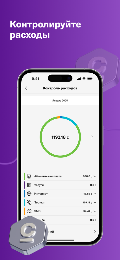 Interface of the MEGA24 app showing a mobile expense control dashboard with a usage chart.