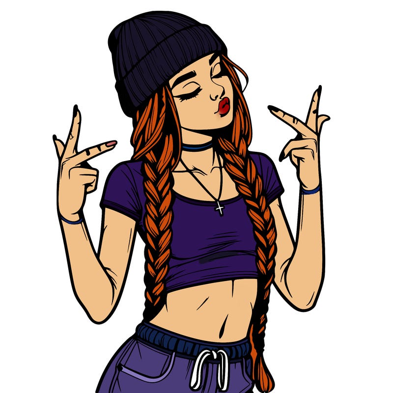 realistic teenage girl with braids and a beanie and crop top doing 🫶🏼