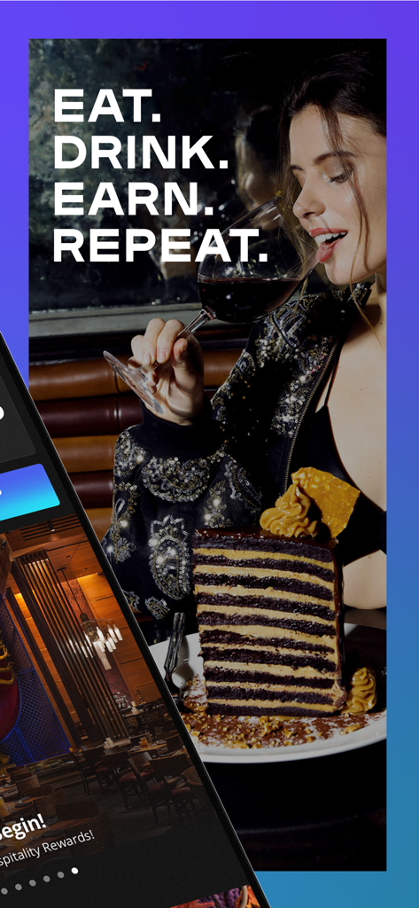 Tao Group Hospitality Rewards - Tao Group Hospitality RewardsアプリのテキストEat Drink Earn Repeatと共に、背の高いチョコレートケーキの隣で赤ワインを飲む女性