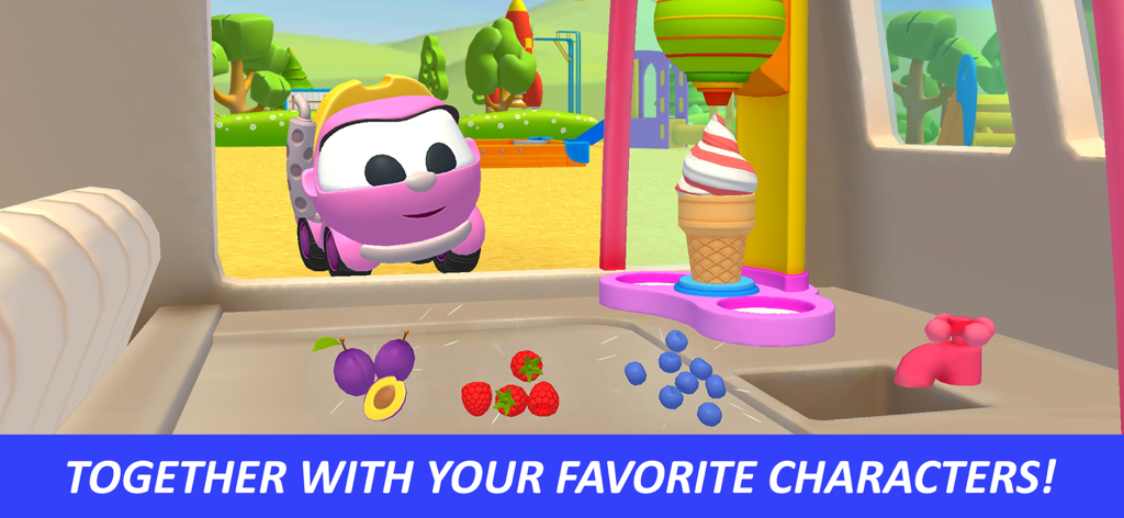 Lea the pink car character in an interactive ice cream van scene with fruit toppings