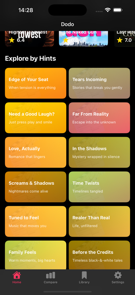 Interface de l'application Dodo montrant la section Explorer par indices avec divers carreaux d'humeur de film.
