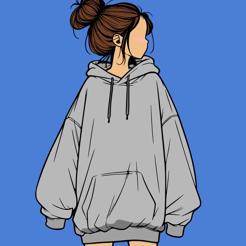 realistic girl with a oversized sweatshirt on and a bun