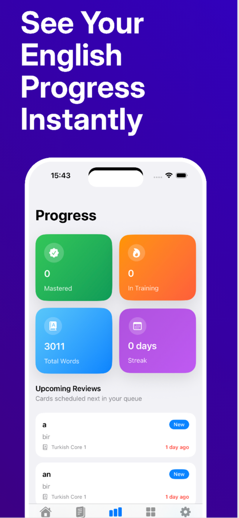 3000 Words Learn English Daily - Progress dashboard of the 3000 Words English learning app showing vocabulary statistics and upcoming reviews