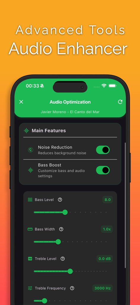 Muzika app interface showing audio enhancer tools with noise reduction and bass boost toggles