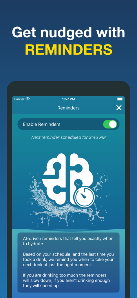 Screenshot of the Hydro Coach app showing smart AI driven hydration reminder settings