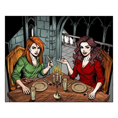 two girly  friends having dinner