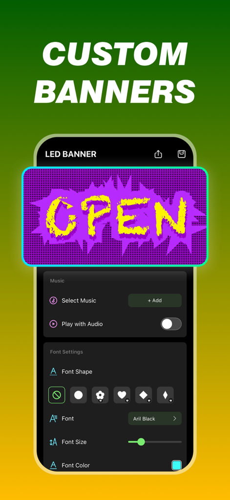 LED Banner - LED Text Scroller - Interfaz de configuración de banner LED personalizable con opciones de fuente y color y una vista previa del letrero ABIERTO.