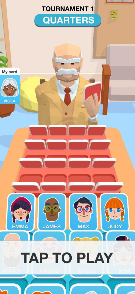 Guess It 3D - Eine 3D-Charakter-Schätz-Spieloberfläche mit Charakterkarten und einem Low-Poly-Gegner