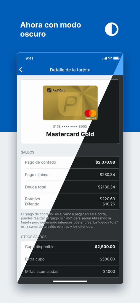 Banco del Pacífico - Captura de pantalla de la app Banco del Pacífico mostrando detalles de la tarjeta de crédito Mastercard Gold con una vista dividida en modo claro y oscuro