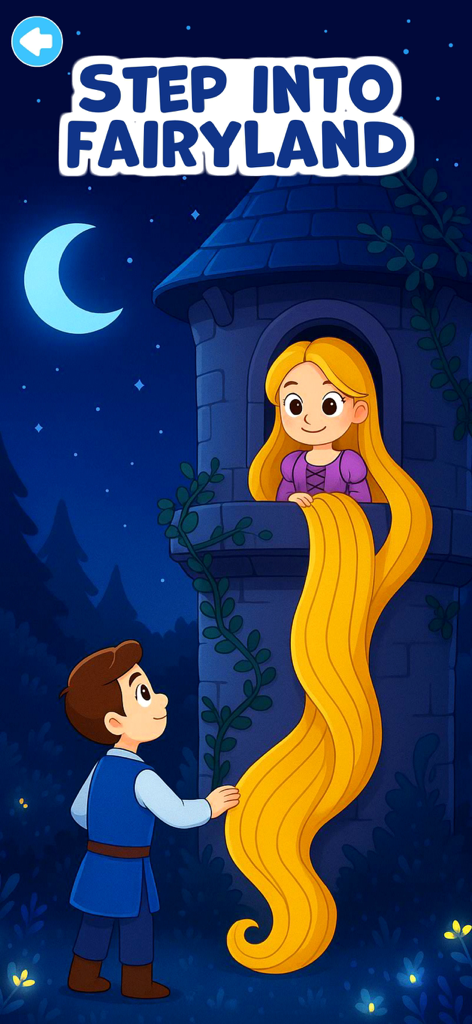 Zeichentrick-Illustration von Rapunzel in einem Steinturm und einem Prinzen unter einer Mondsichel mit dem Text „Treten Sie ein ins Märchenland“