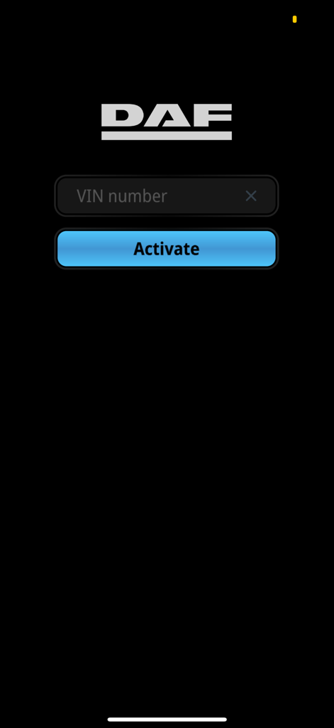 DAF Truck Navigation - Activation screen for the DAF Truck Navigation app featuring a VIN number input field and a blue activate button