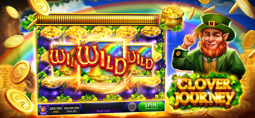 House of Slots - Casino Games - Clover Journey slot machine game featuring a leprechaun, pots of gold, and rainbow backgrounds.