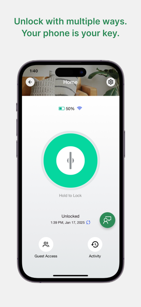 Sifely Smart Lock - Pantalla principal de la aplicación móvil Sifely Smart Lock con un gran botón para bloquear o desbloquear una puerta de forma remota