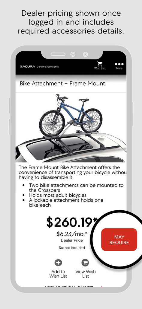Product detail page for a frame mount bike attachment in the Genuine Acura Accessories mobile app