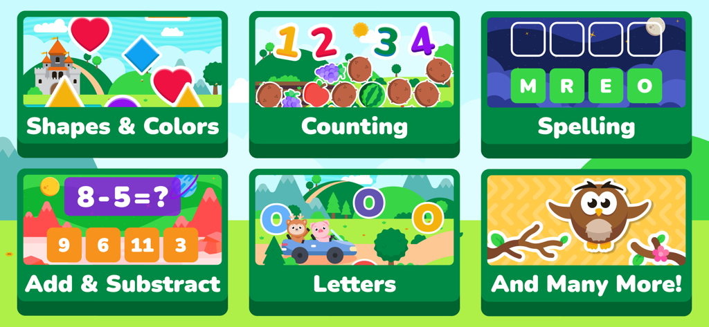 Preschool & Kindergarten Games - Una variedad de categorías de juegos educativos para niños pequeños que incluyen formas, conteo, ortografía y matemáticas