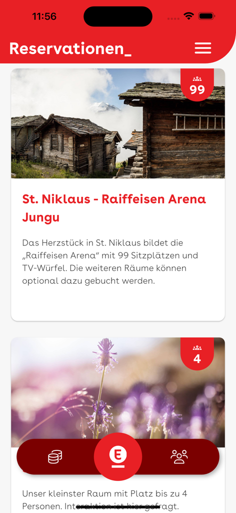Benutzeroberfläche der Erlebnisbank-App, die Optionen zur Reservierung von Besprechungsräumen mit Kapazitäts- und Beschreibungsangaben anzeigt