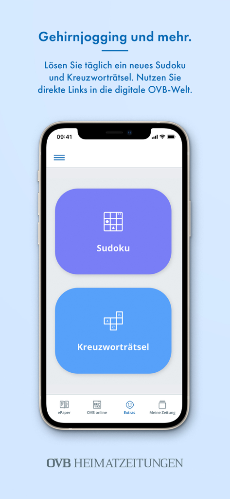 OVB ePaper app interface showing daily Sudoku and crossword puzzle options for brain training