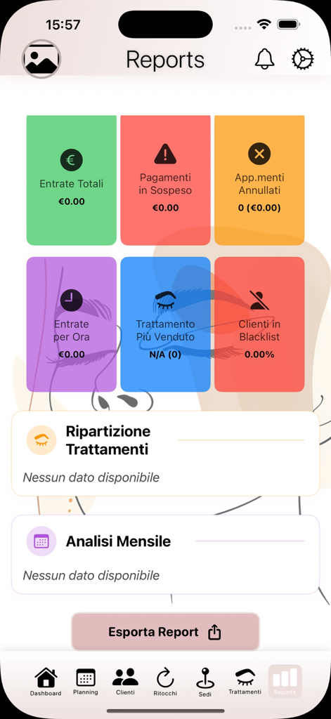 Écran des rapports de l'application MyPMU montrant les statistiques de revenus et de rendez-vous pour les professionnels de la beauté.