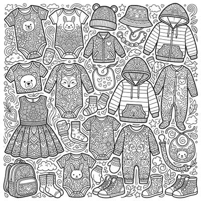 Dive into a delightful world of intricate patterns with this adult coloring page featuring adorable children's fashion. Unwind as you bring a collection of charming baby clothes and accessories to life, each piece brimming with detailed designs.