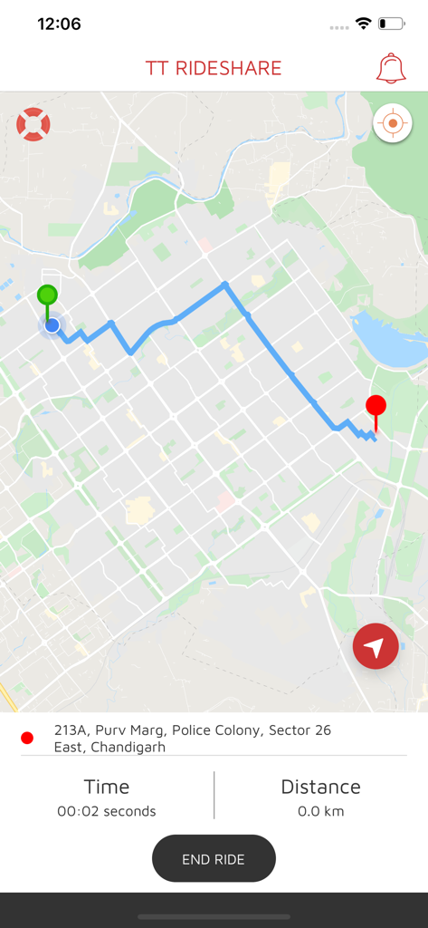 TT RideShare Driver - Map view in TT RideShare Driver app showing an active navigation route and end ride button