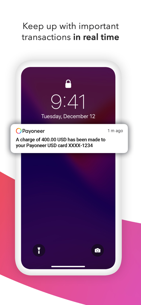 Notificação push do aplicativo móvel Payoneer mostrando um alerta de transação de cartão em tempo real na tela de bloqueio de um smartphone