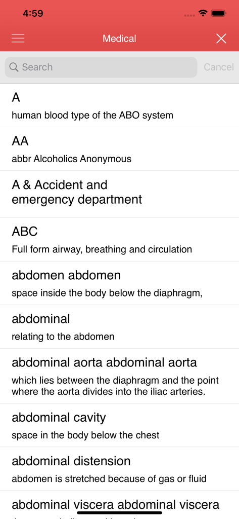 Learn Drug, Medical Dictionary - Mobile app screen showing a list of medical terms and their definitions starting with the letter A