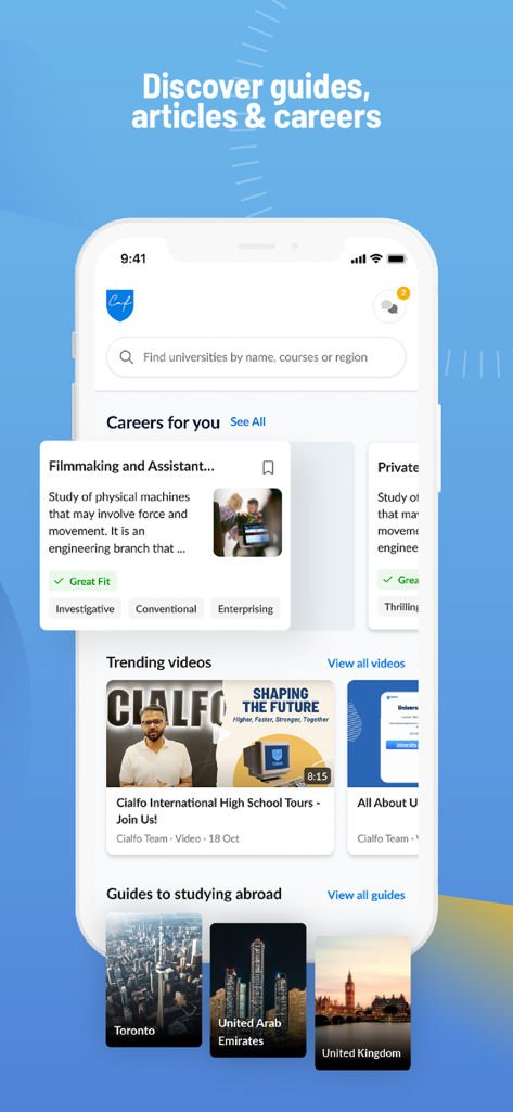 Cialfo - Écran de l'application mobile Cialfo montrant des recommandations de carrière et des guides d'études internationaux