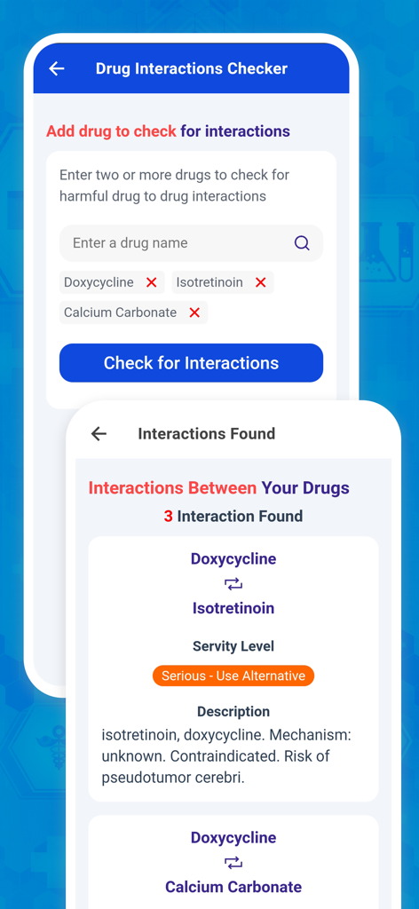 PillBox - Pill Identifier App - Screenshot of the PillBox app interface displaying a drug interaction check between Doxycycline and Isotretinoin with a serious warning.