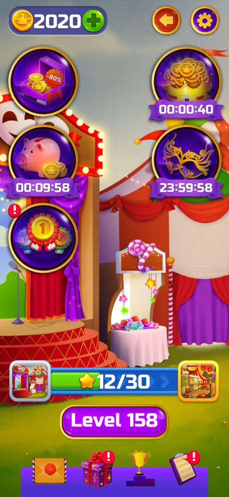 Main menu screen of Circus Words game showing level 158 and various reward icons with a circus theme.