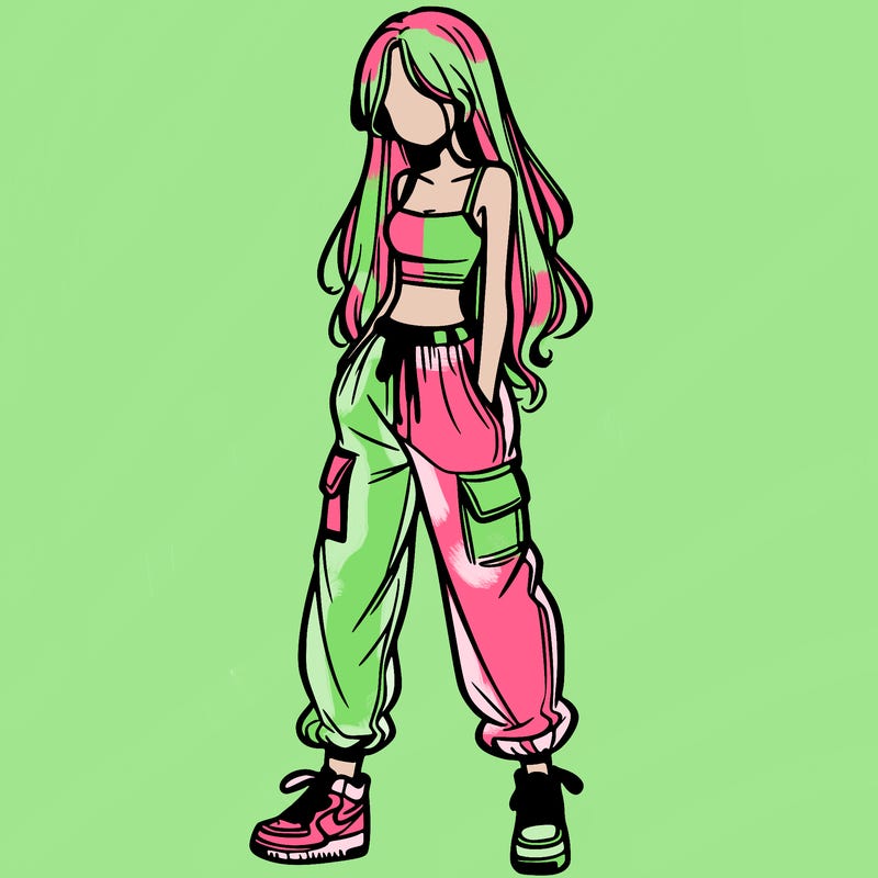 girl in baggy pants crop top and long hair