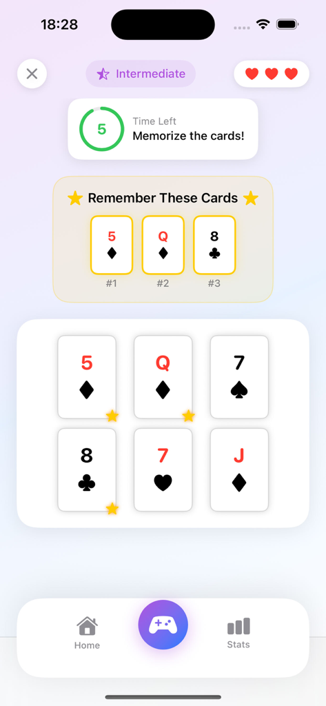 CrushPokerSync app screen showing a card memory challenge at intermediate level