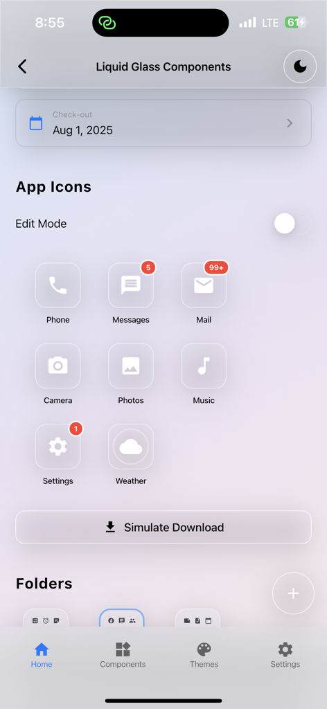 Prévia de ícones de apps e componentes de UI em vidro fosco no Kit Flutter Liquid Glass