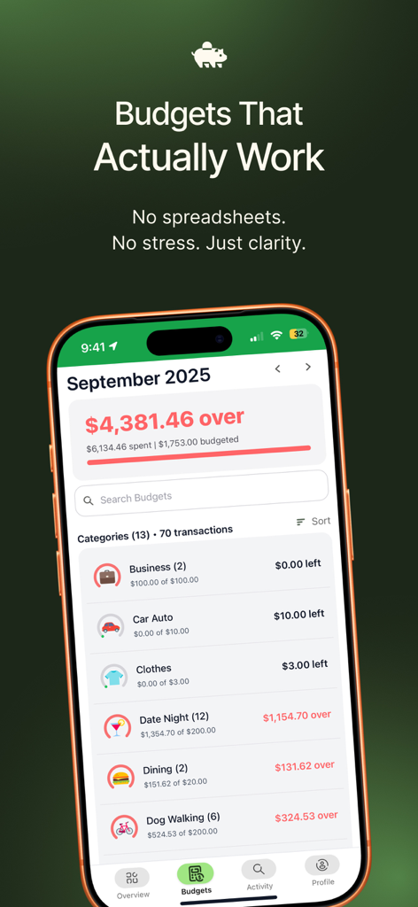 Smartphone screen showing the DollarWise app with monthly budget categories and spending alerts.