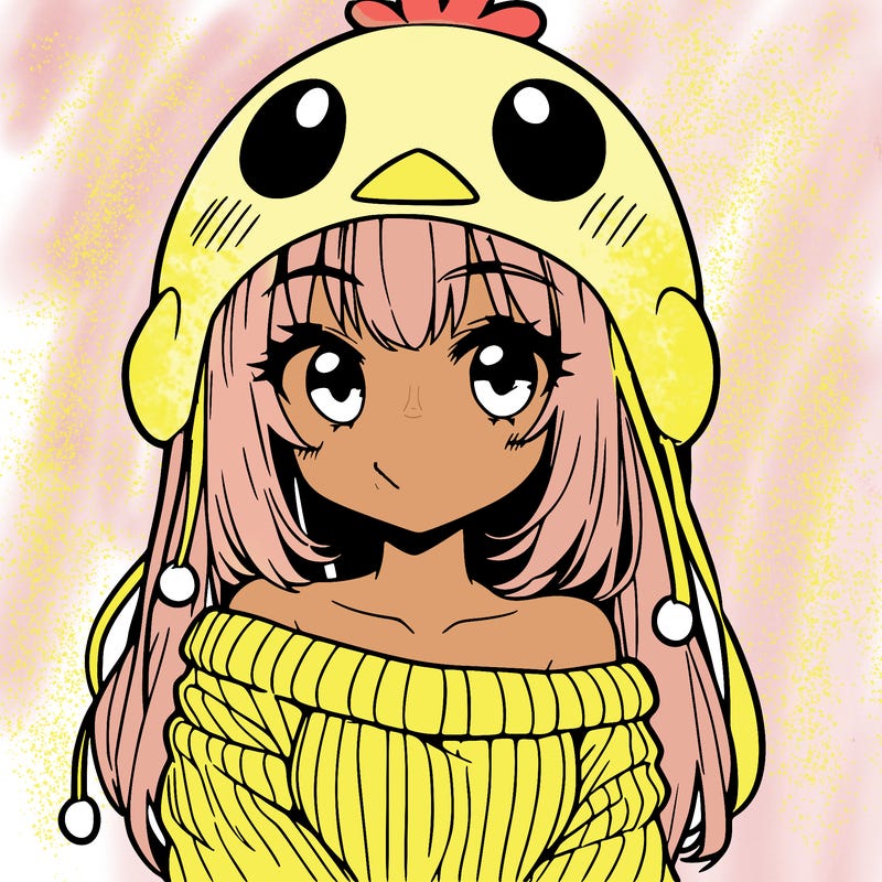 anime girl with chick shaped hat with sweater with bare shoulders with bangs covering them one eye with low tail