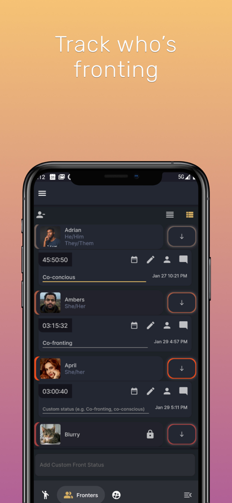Simply Plural Mobile App-Oberfläche, die Systemmitglieder und ihren aktuellen Fronting-Status anzeigt.