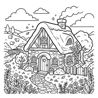 Step into a world of adorable charm with this Kawaii Cottagecore coloring page, featuring a sweet thatched-roof cottage nestled in a tranquil, flower-filled landscape. This delightful design is perfect for those who love cute architecture and the cozy vibe of rural life.